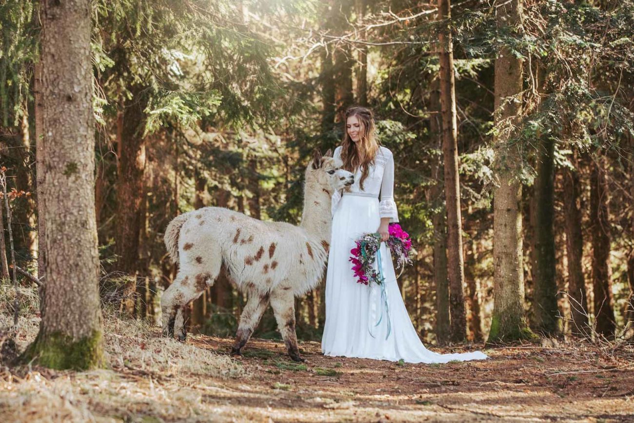 Fotografie Lieblingsbild fotografiert ein Model mit einem Alpaka im Wald bei einem Styleshoot für Hochzeitsfloristin Steffi Schiller.